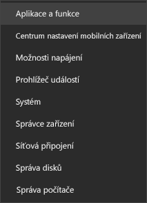 Snímek obrazovky s nabídkou Start se zobrazenými aplikacemi a funkcemi