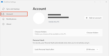 Snímek obrazovky znázorňující kartu Účet v nastavení OneDrivu.