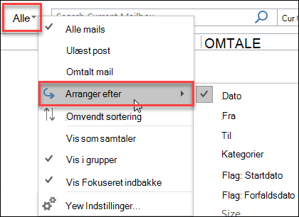 Menuen Alle i Outlook