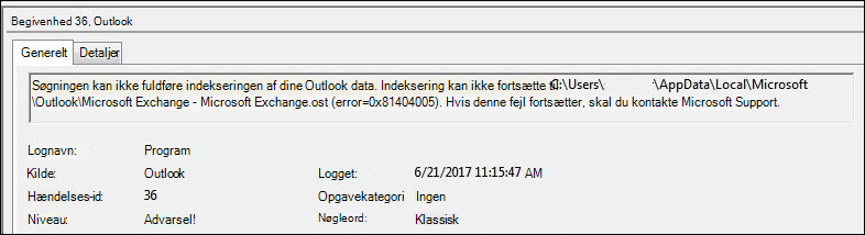 Outlook-advarsel om hændelsesloggen