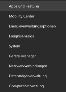 Screenshot des Startmenüs mit Apps und Funktionen