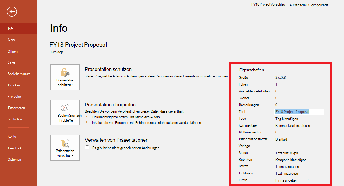 Office-Dokumenteigenschaften: Datei > Bereich "Info"