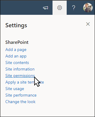 Vista previa del acceso a los permisos del sitio a través de la configuración