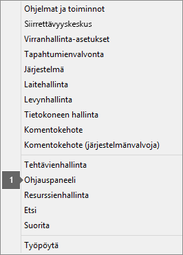 Asetus- ja komentoluettelo ilmestyy näkyviin painamalla näppäinyhdistelmää Windows-näppäin + X