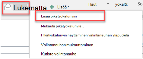 Outlookin lisääminen pikatyökaluriviin