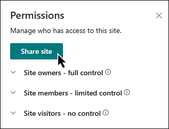 Esikatselu Sivuston käyttöoikeudet -kohdan Jaa sivusto -vaihtoehdosta.