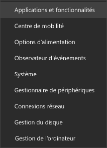 Capture d’écran du menu Démarrer affichant les applications et fonctionnalités