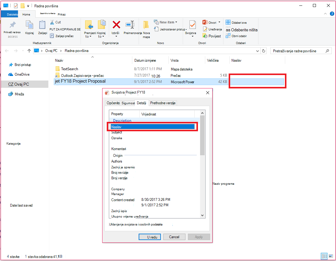 Svojstva dokumenata sustava Office u eksploreru za datoteke u sustavu Windows
