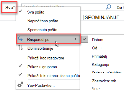 Cijeli izbornik u programu Outlook