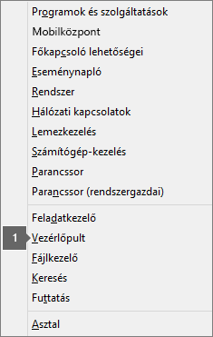 A Windows billentyű+X billentyűkombináció lenyomása után megjelenő beállítás- és parancslista