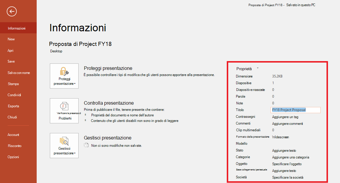 Proprietà del documento di Office - Riquadro File > Informazioni