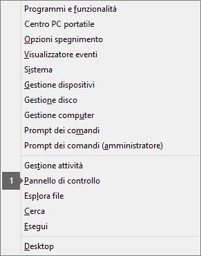 Elenco di opzioni e comandi visualizzati dopo aver premuto i tasti WINDOWS + X