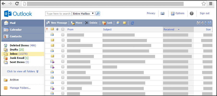 Uno screenshot della posta in arrivo in Outlook Web App Light