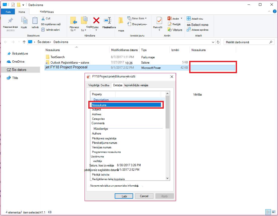 Office dokumenta rekvizīti Windows failu pārlūkā