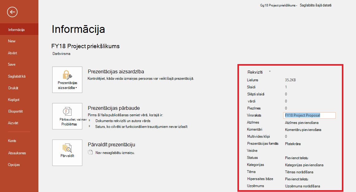 Office dokumenta rekvizīti — Fails > Informācijas panelis