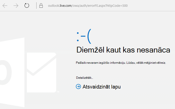 Outlook.com kļūda “Radās problēma”, kļūdas kods 500