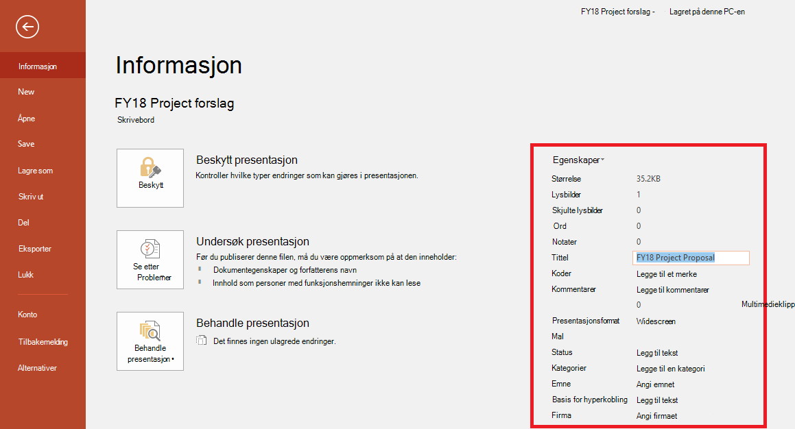 Dokumentegenskaper for Office – Fil > Informasjonspanel