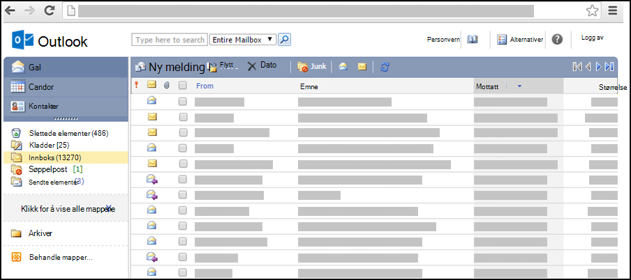 Et skjermbilde av innboksen i Outlook Web App Light