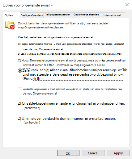 Opties voor ongewenste e-mail