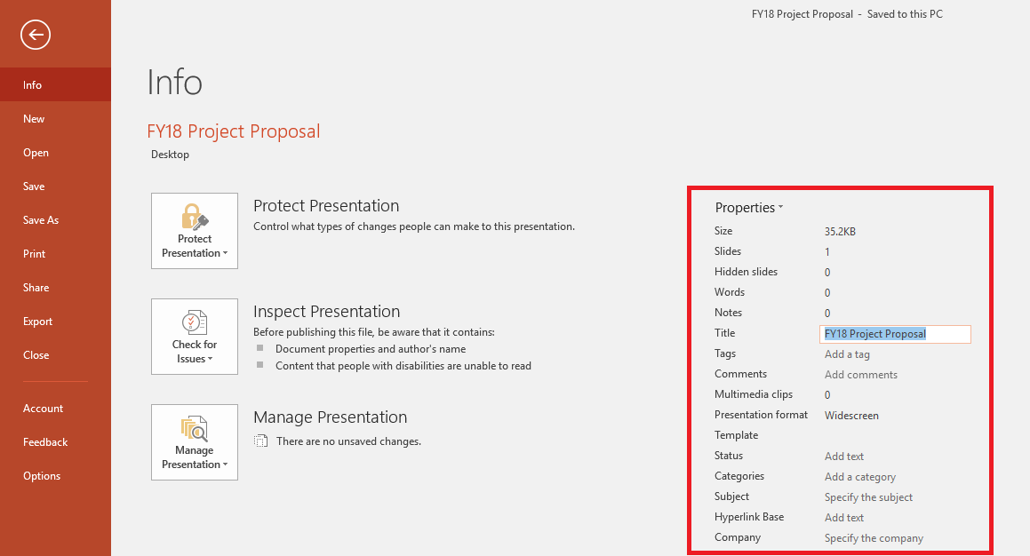 Eigenschappen van het Office-document - Bestand > Infovenster