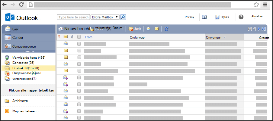 Een schermopname van het Postvak IN van Outlook Web App Light