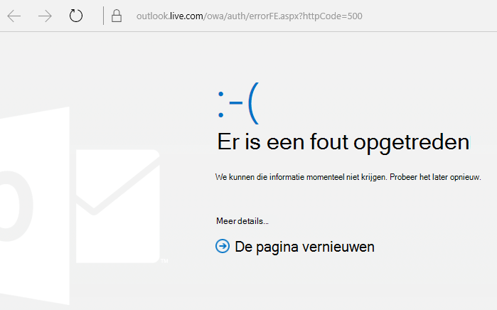 Outlook.com Foutbericht Er is een fout opgetreden 500