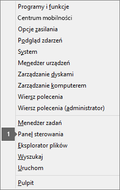 Lista opcji i poleceń wyświetlana po naciśnięciu klawisza logo Windows i klawisza X