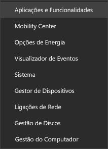 Captura de ecrã do menu Iniciar a mostrar a opção Aplicações e Funcionalidades