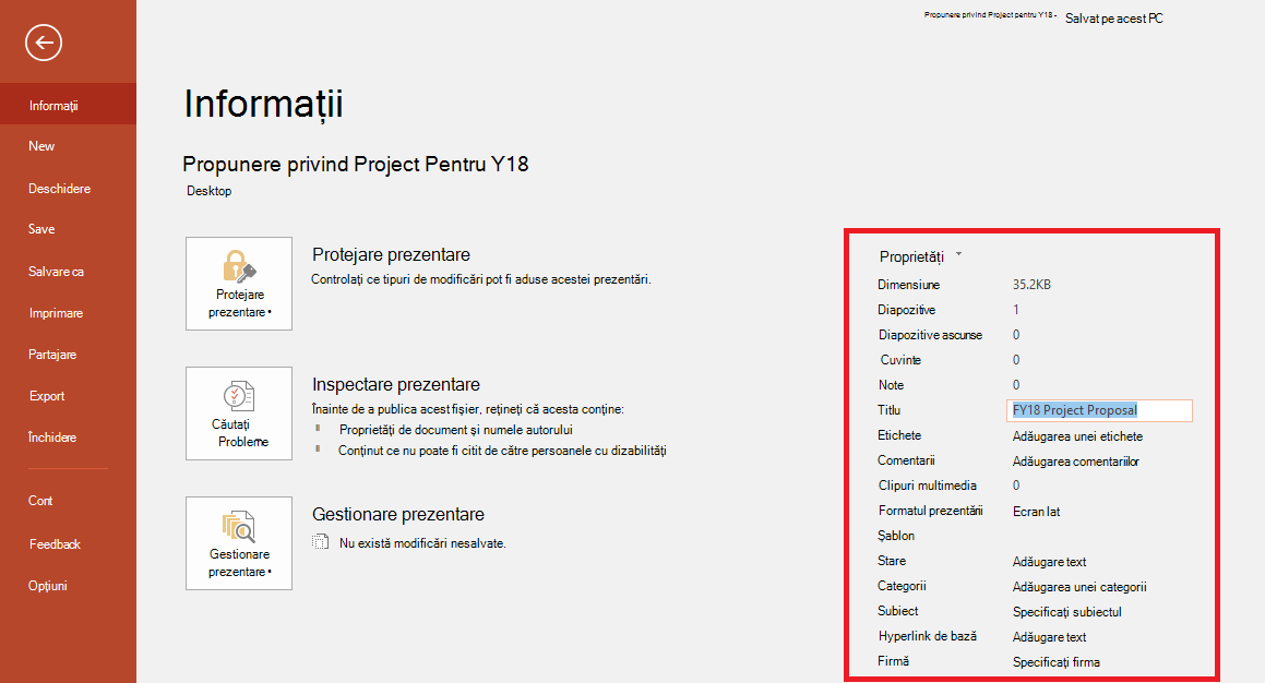 Proprietăți document Office - Fișier > Panoul Informații
