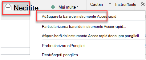 Adăugare la bara de instrumente Acces rapid în Outlook