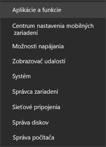 Snímka obrazovky ponuky Štart so zobrazením položky Aplikácie a funkcie