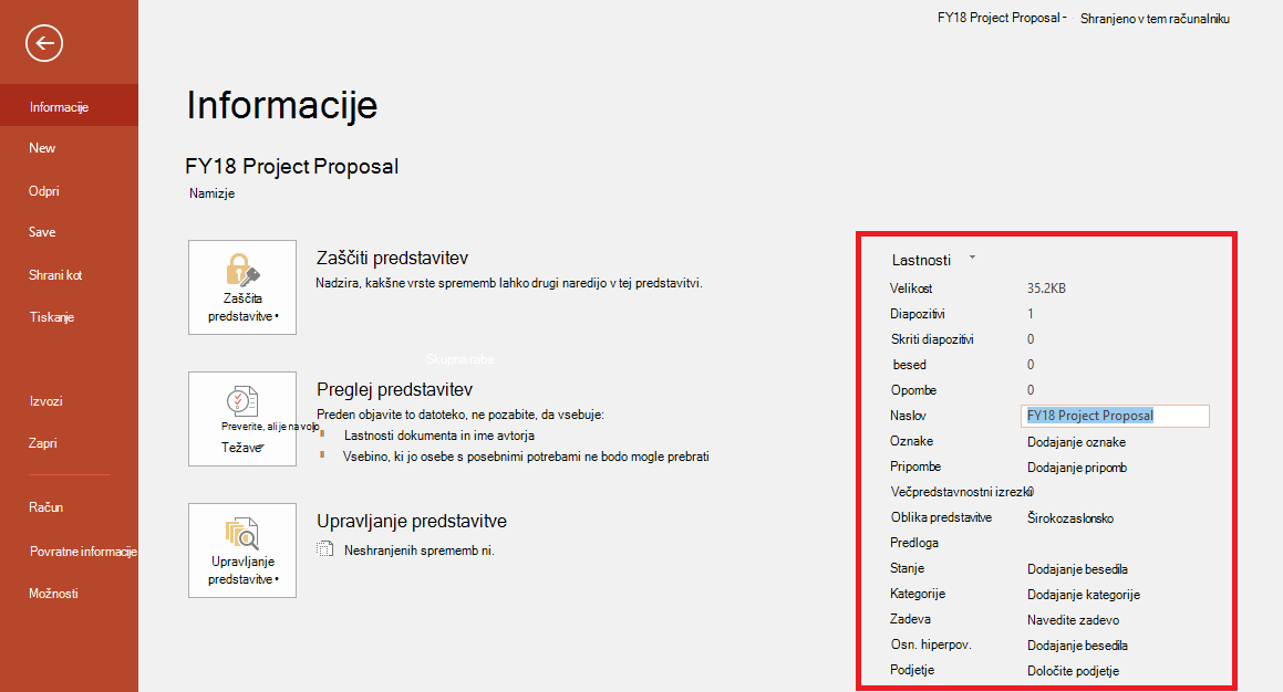 Lastnosti Officeovega dokumenta – podokno »Datoteka« > »Informacije«