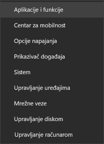 Snimak ekrana menija „Početak“ prikazuje aplikacije i funkcije