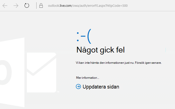 Outlook.com "Något gick fel" felmeddelande 500