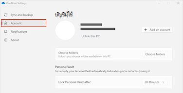 สกรีนช็อตที่แสดงแท็บบัญชีในการตั้งค่า OneDrive