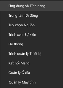 Ảnh chụp màn hình menu bắt đầu hiển thị Ứng dụng và Tính năng